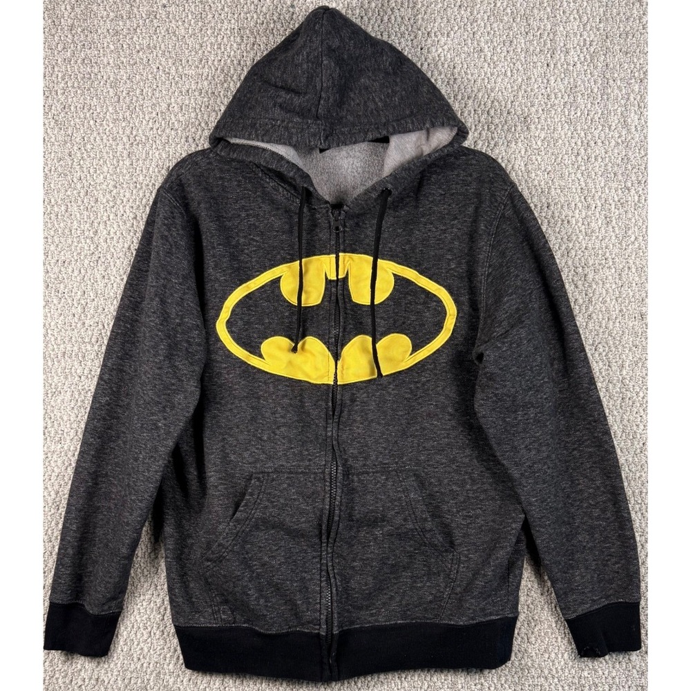 Batman DC Comics Zip Hoodie Mens Large Gray Yellow Distressed Grunge Logo Sweat